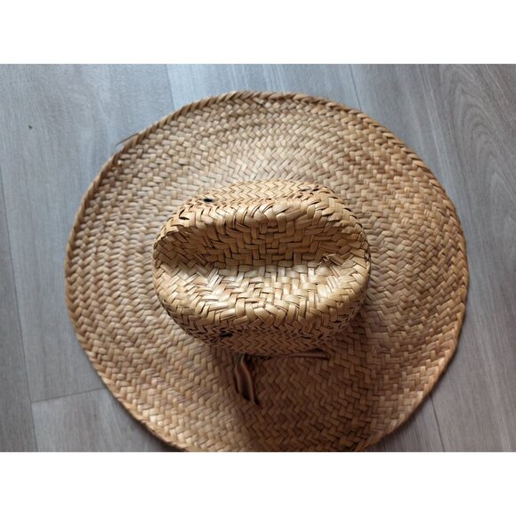 Vintage Medium Straw Sun Hat With Striped Ribbon Band And Ventilated Crown M - Picture 7 of 8